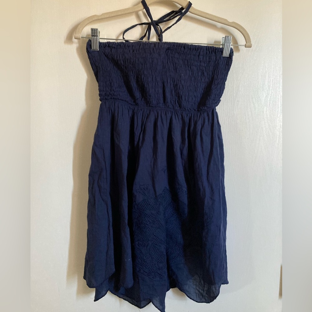 *Raviya Navy Halter Top Embroidered Floral Design Medium Mini Swim Cover Up #IR